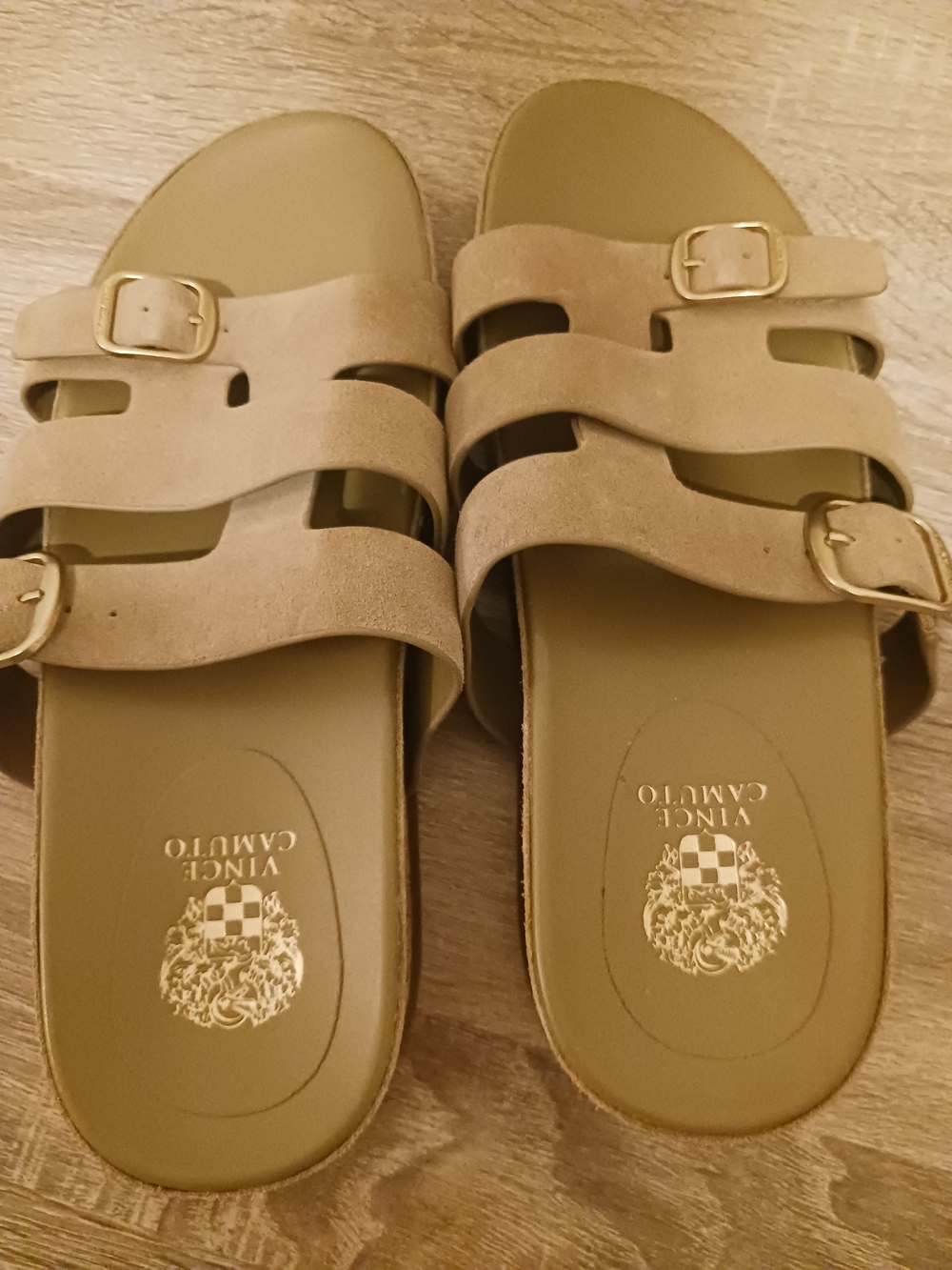 Vince Camuto Suede Double-Buckle Slide Sandals in Tan - Picture 4 of 9